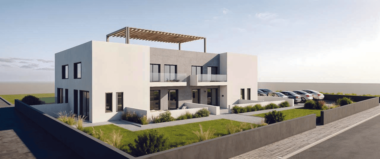 Residential block with a garden, balconies, outdoor parking and roof pergola. Architectural rendering.