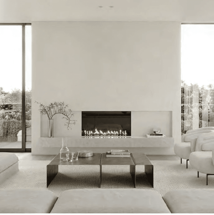 Second living-room visualisation showing a fireplace seating area.