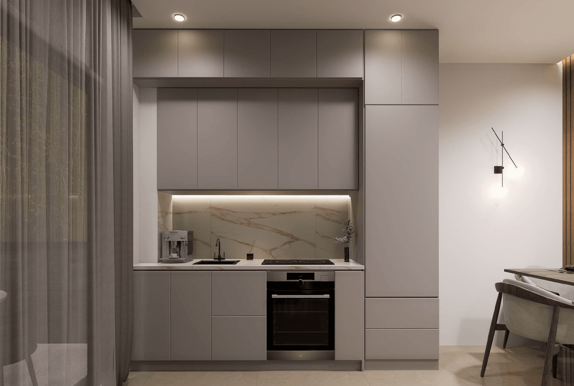 Kitchen with grey cabinets, oven, hob, sink and worktop lighting. Architectural rendering.