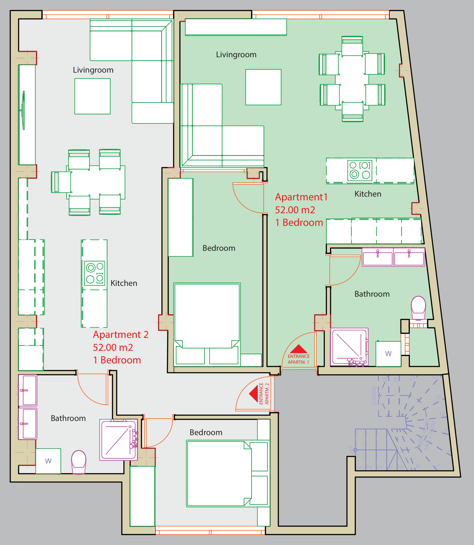 General fourth-floor plan showing Apartment 1 on the right, Apartment 2 on the left and the shared stair landing.