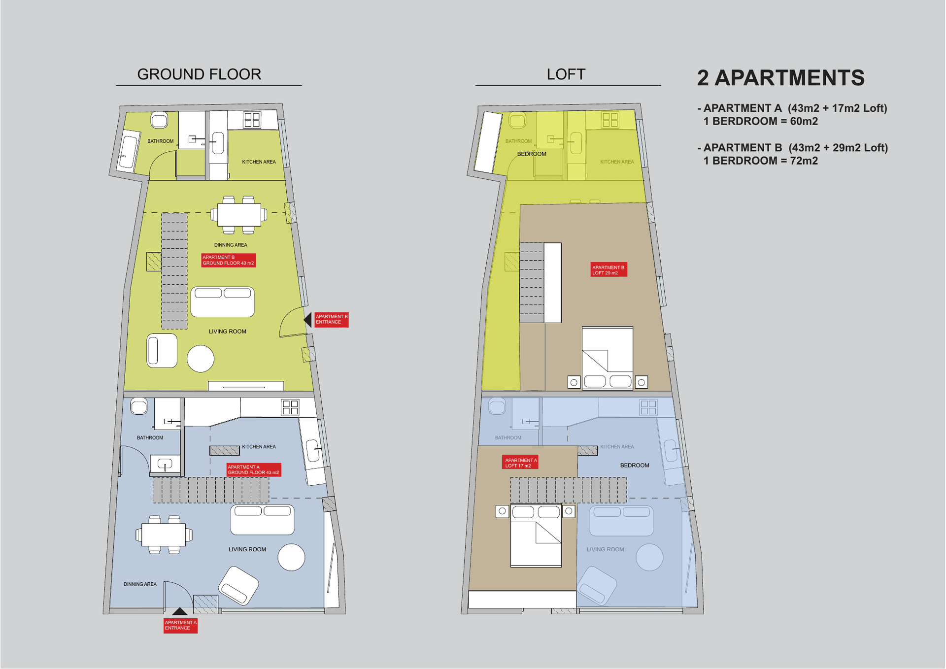 İki dairenin zemin kat ve loft yerleşimlerini birlikte gösteren teknik plan.