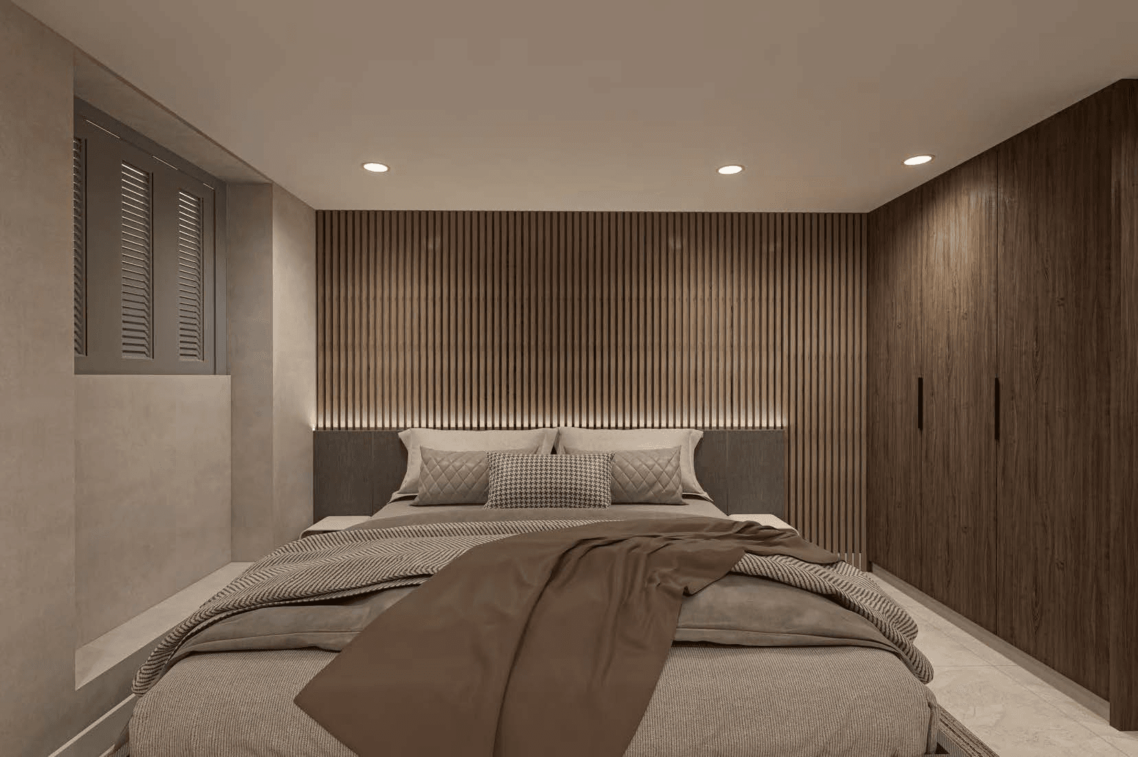Bedroom rendering with a double bed, illuminated slatted headboard and wardrobes.