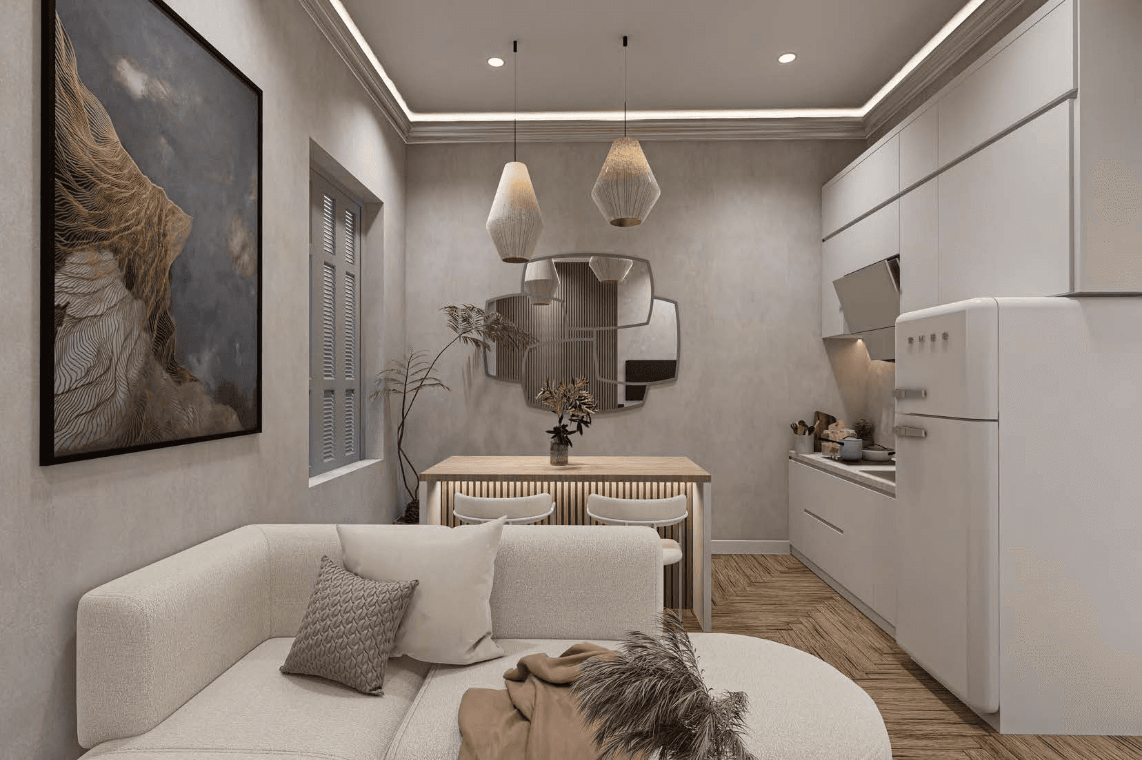 Interior rendering showing an open kitchen, dining counter, stools and pendant lights.