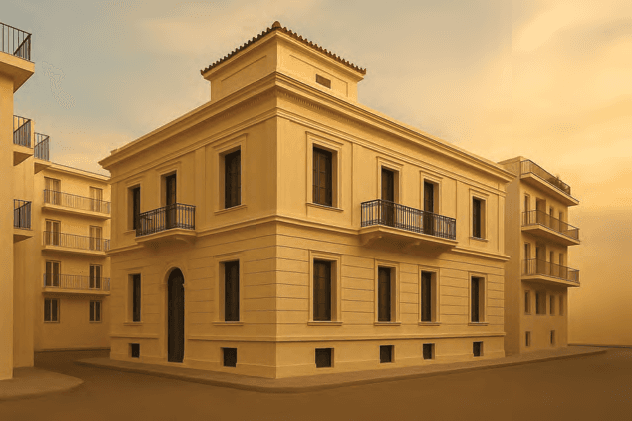 Exterior rendering of the corner neoclassical building showing its balconies and roof detail.