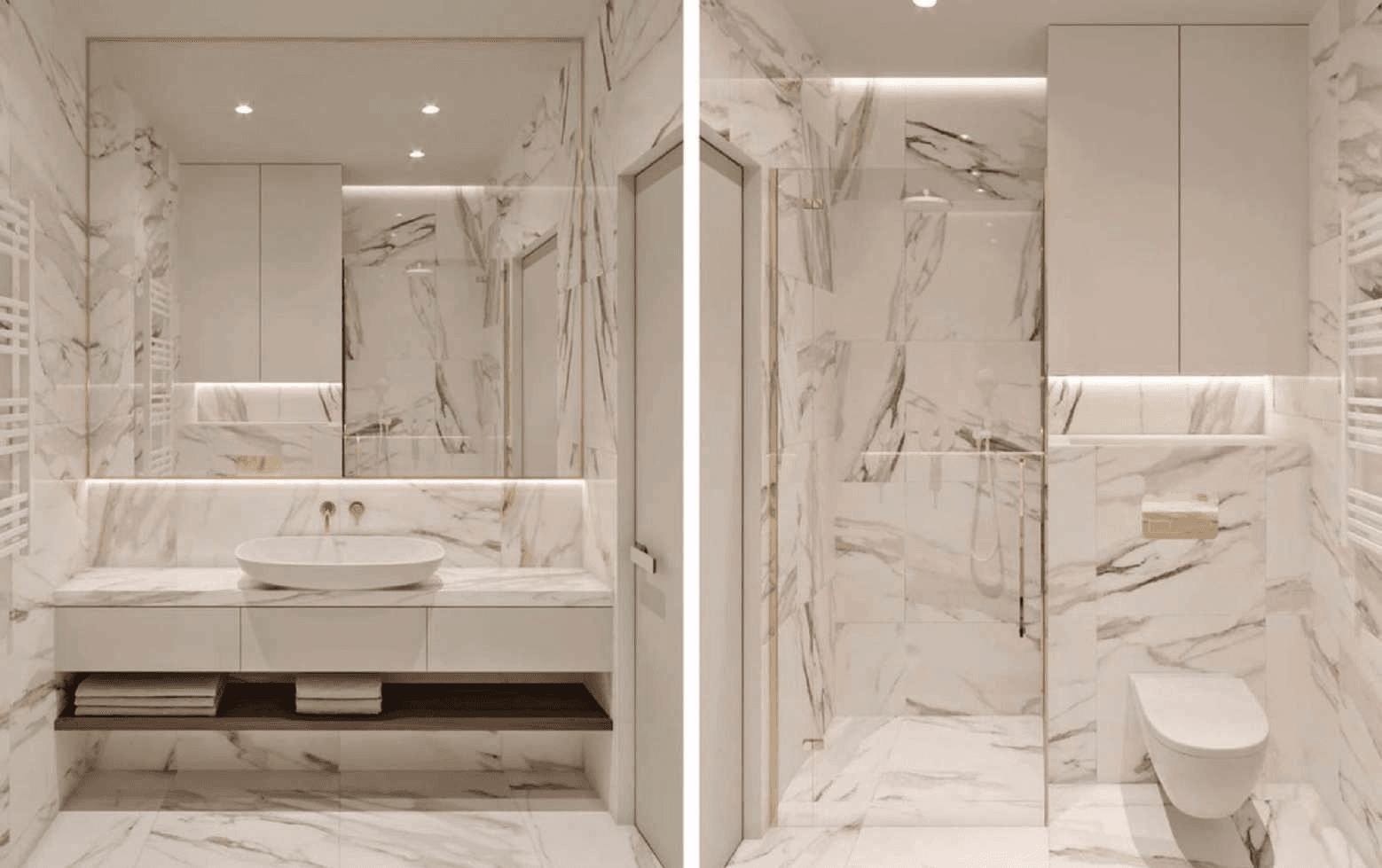 Mermer görünümlü yüzeyler, lavabo ünitesi ve duş alanı bulunan banyo.