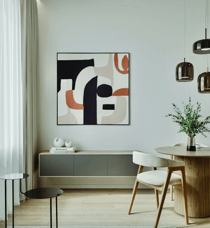 Interior visualisation of abstract wall art, a low sideboard, a dining table, curtains and pendant lights.