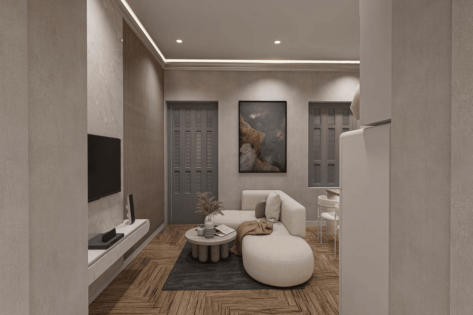 Living-room rendering with a curved sofa, round table, wall-mounted television and shuttered openings.