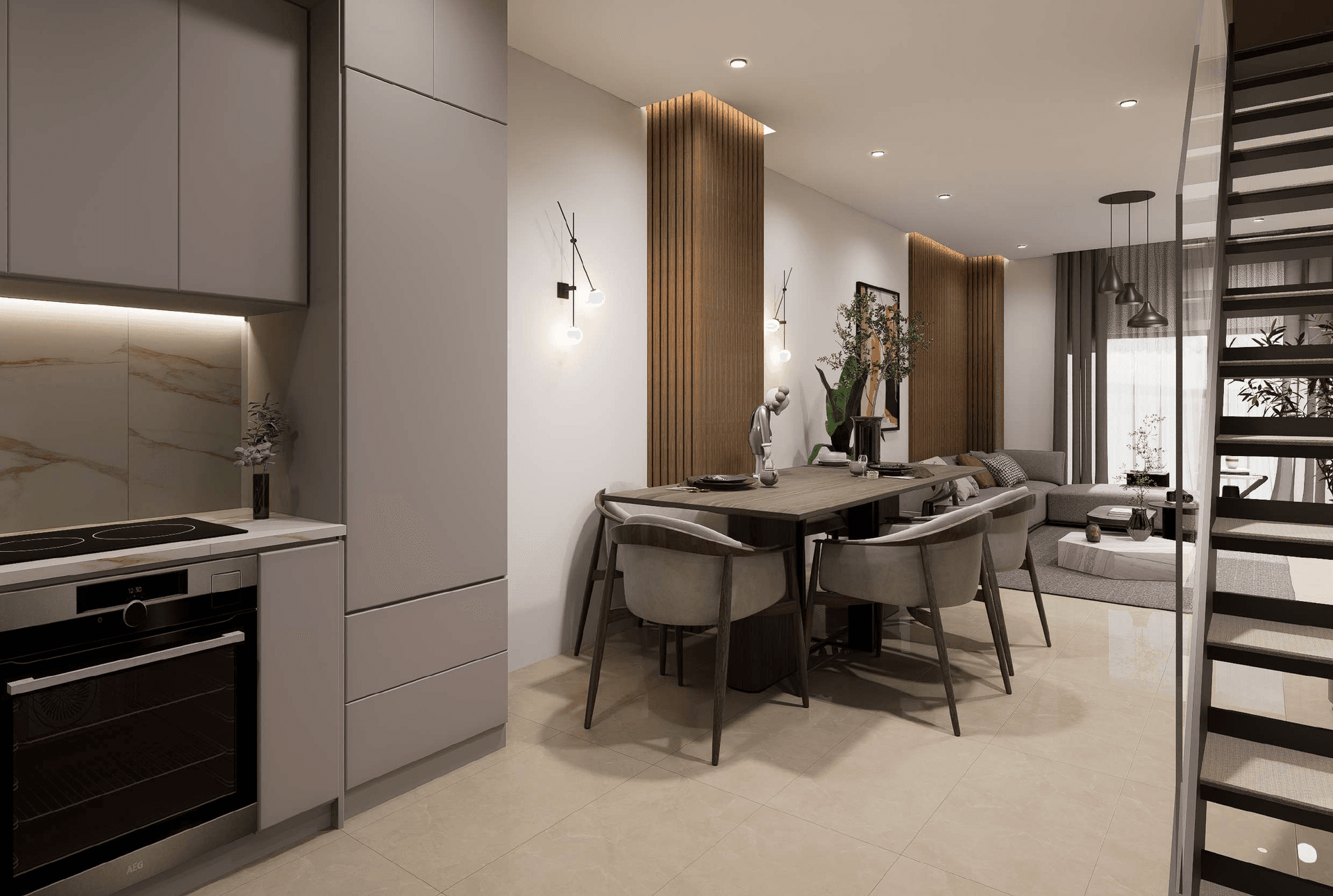 Open-plan interior with a kitchen, dining table, sitting area and staircase on the right. Architectural rendering.