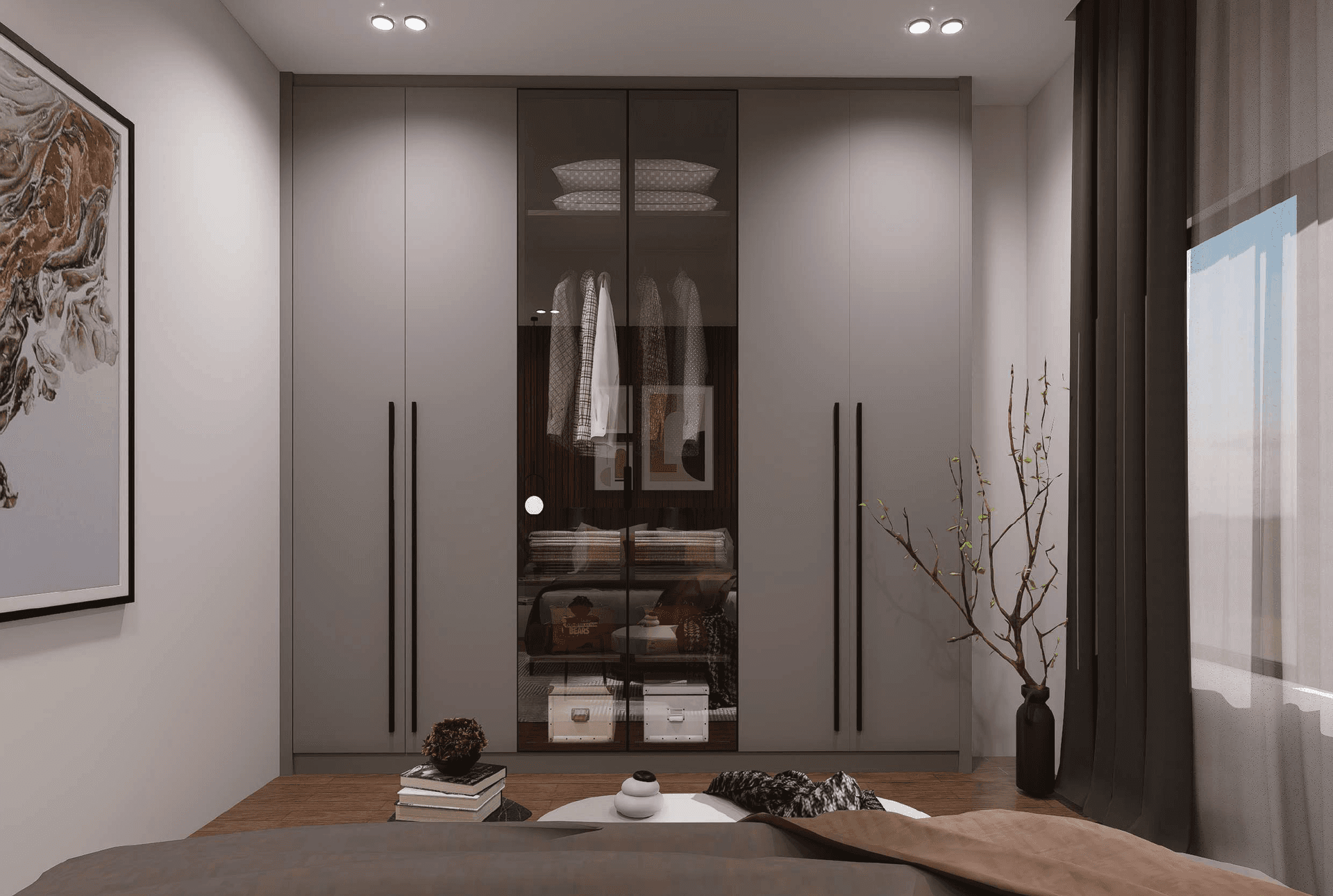 Bedroom design with fitted storage and window wall.