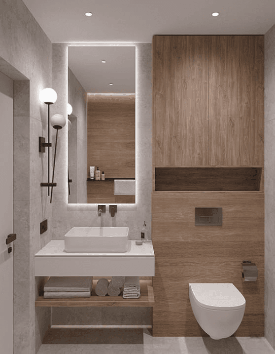 Lavabo, aydınlatmalı ayna, asma klozet ve ahşap görünümlü dolap bulunan banyo görselleştirmesi.