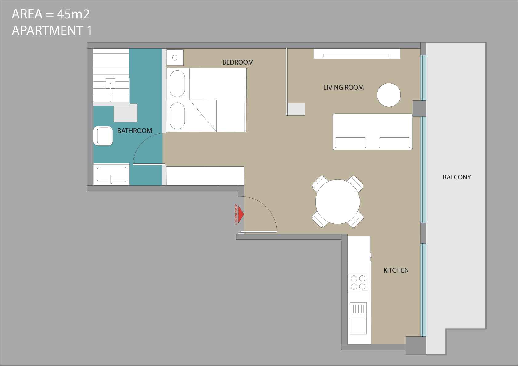 Daire 1: yatak odası, salon, mutfak, banyo ve balkon yerleşimini gösteren plan.