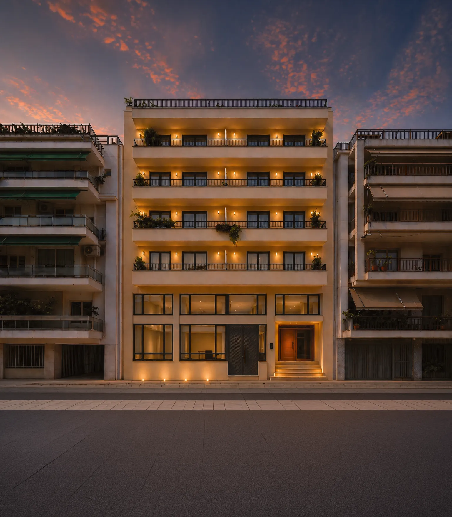 Exterior facade at dusk.