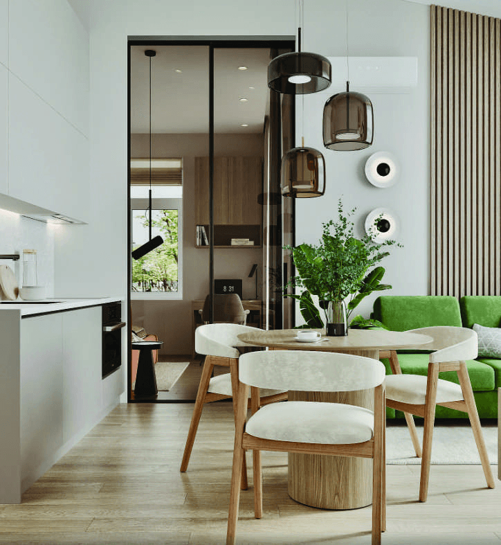 Interior visualisation showing an open kitchen, round dining table, green sofa and glass partition at the rear.