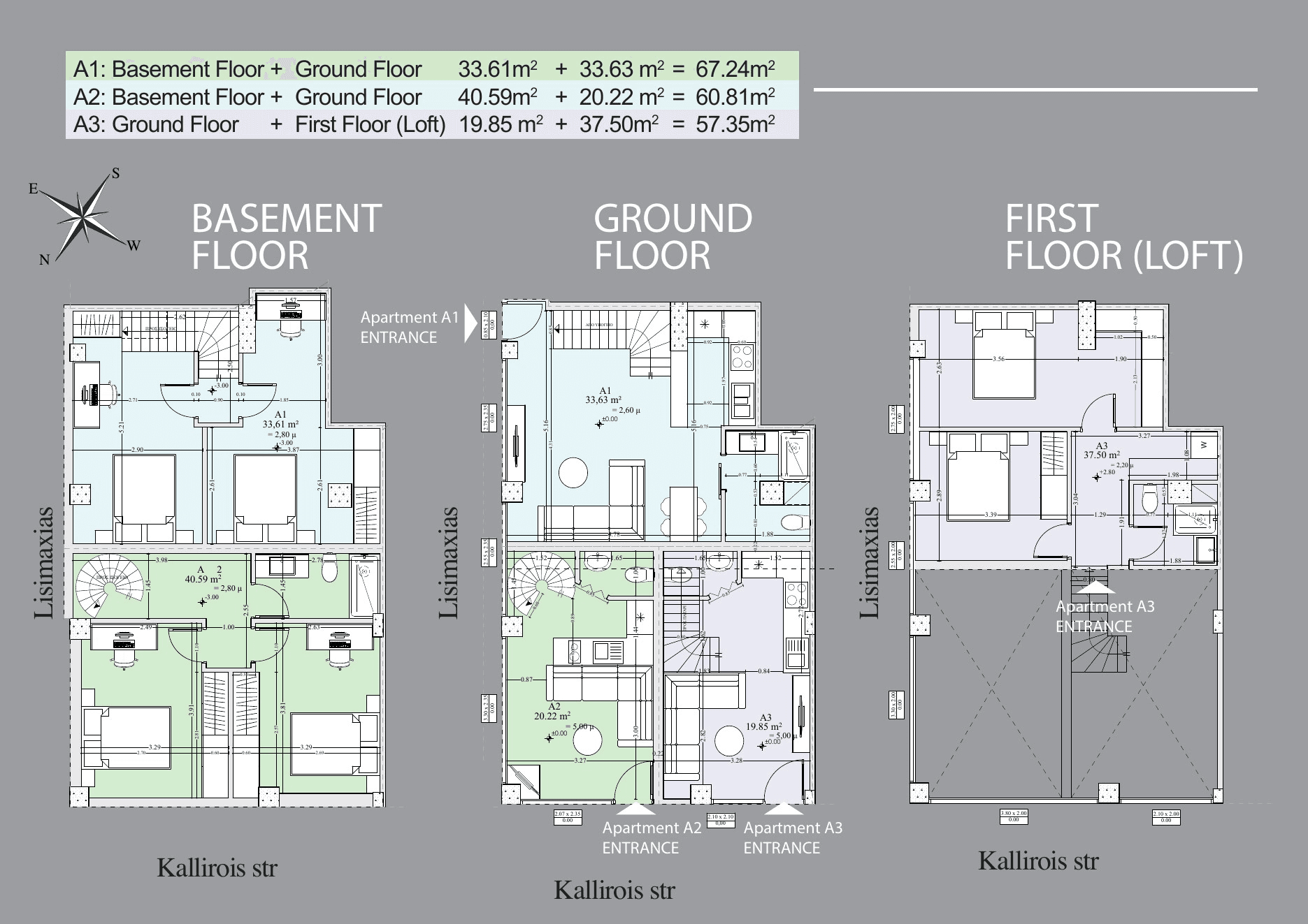 Overview of basement, ground and first-floor (loft) plans.