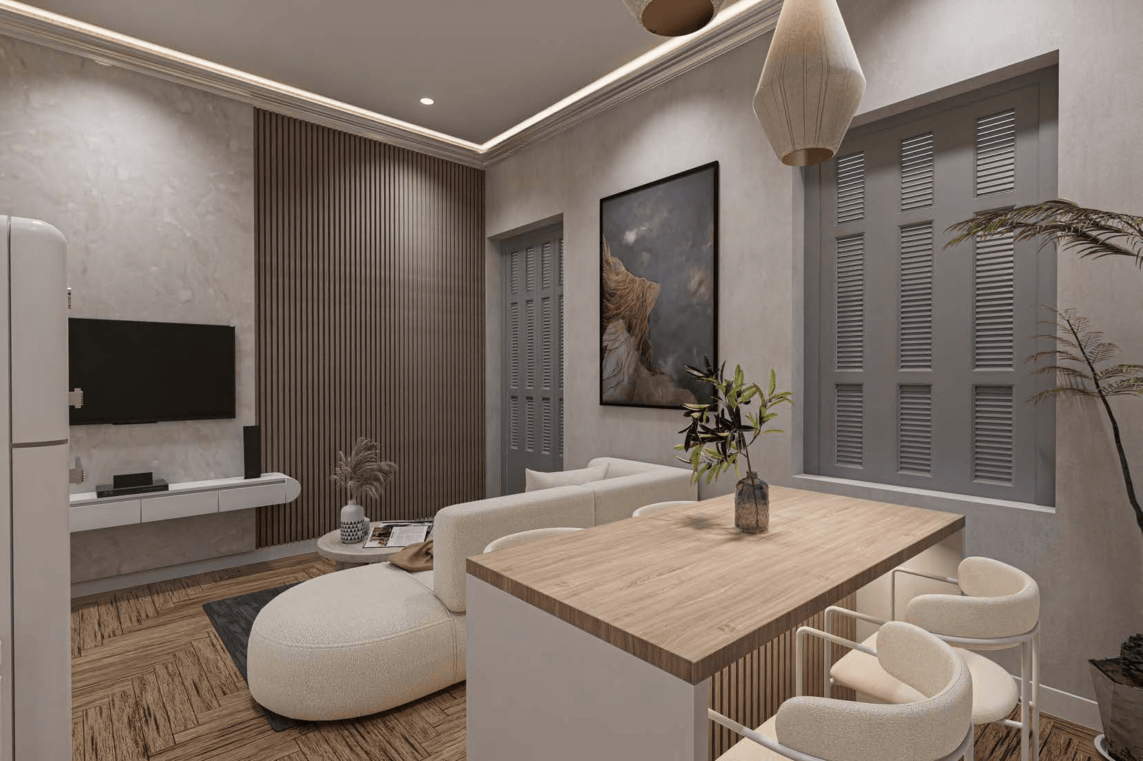 Architectural rendering of a living and dining area with a timber-effect table, curved light-coloured sofa and shuttered windows.