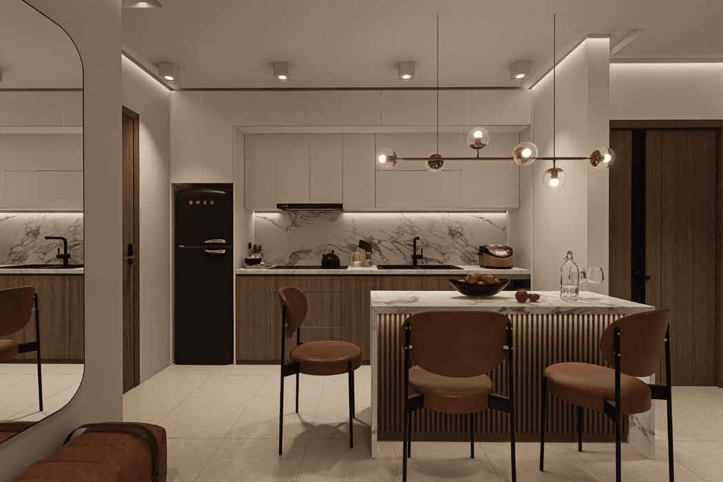 Interior visualization of the kitchen counter and dining island.
