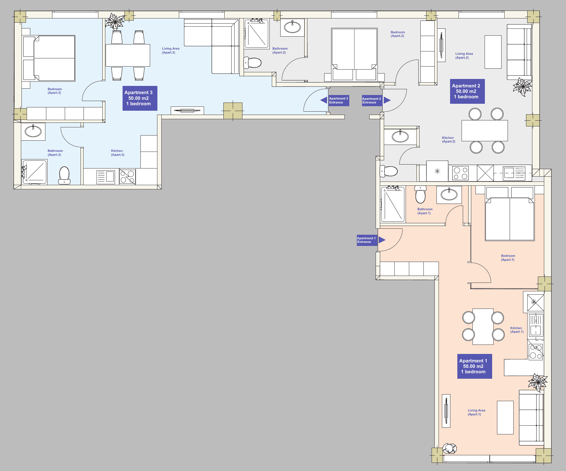 Second-floor layout: Arrangement of Apartments 1, 2 and 3 on the same floor, including their separate entrances and internal layouts.