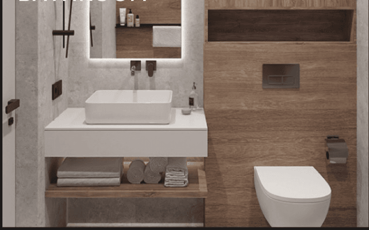 Bathroom rendering showing basin, mirror and wall finishes