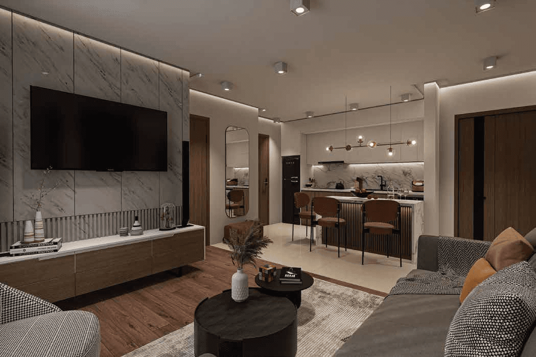 Interior visualization showing the living area and open kitchen in one view.