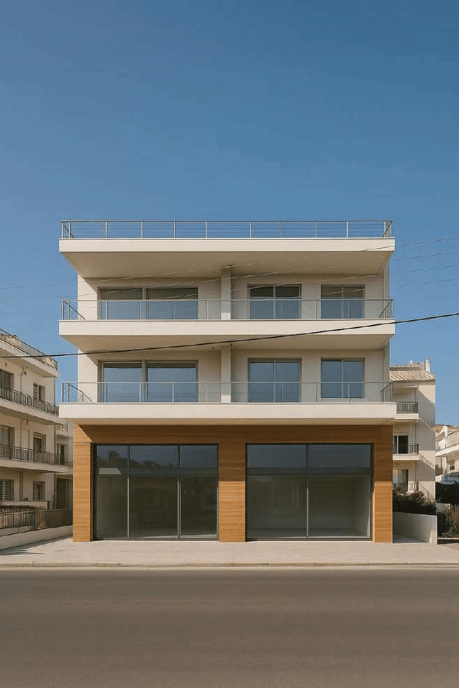 Glyfada’daki konut binasının sokak cephesi.