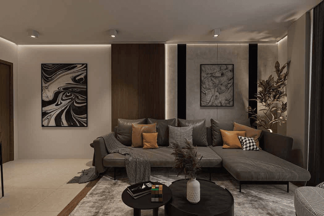 Interior visualization of the living area with a corner sofa.