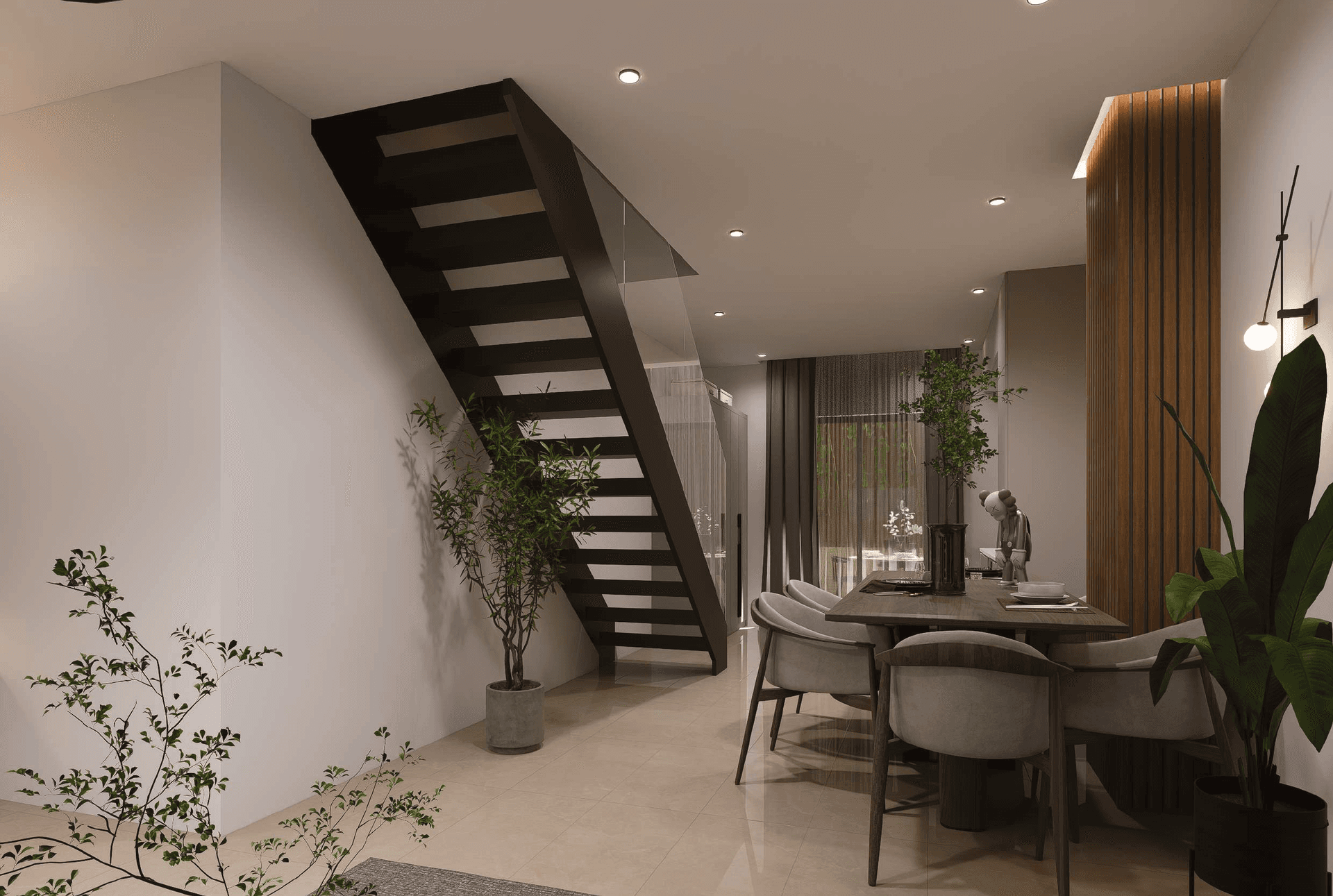 Interior design showing the dining area and internal staircase.