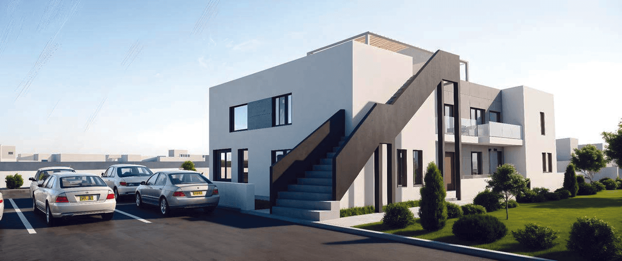 Residential block with an exterior staircase, entrances, landscaping and parking. Architectural rendering.