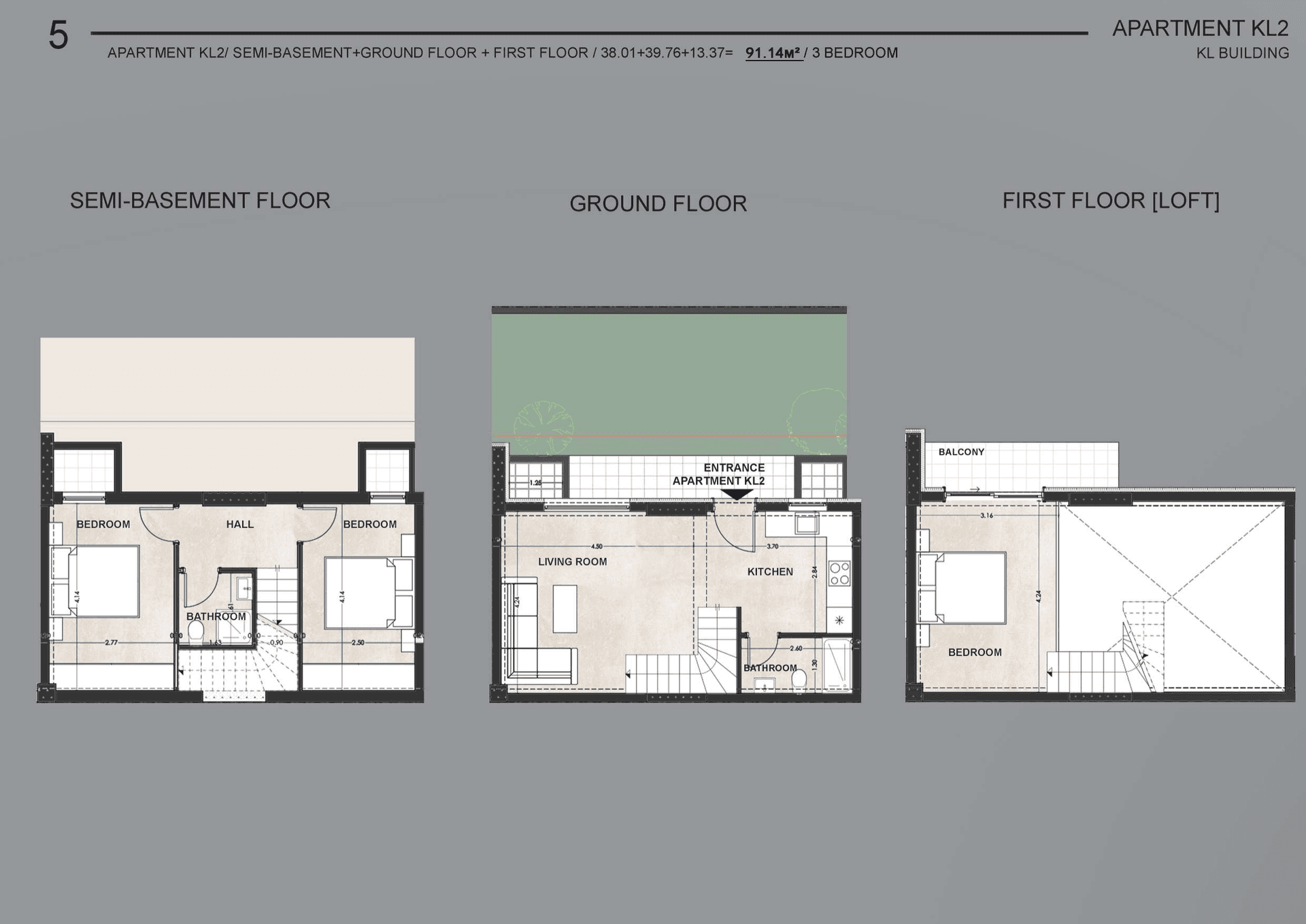 KL2 - Unit plan. Technical plan showing the semi-basement, ground and first-floor/loft levels of unit KL2.