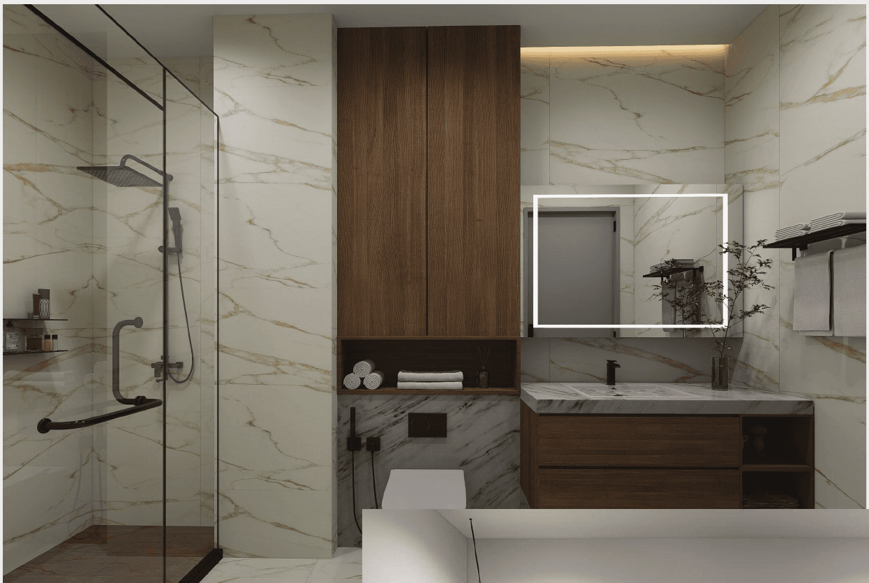 Mermer yüzeyli duş ve lavabo alanı