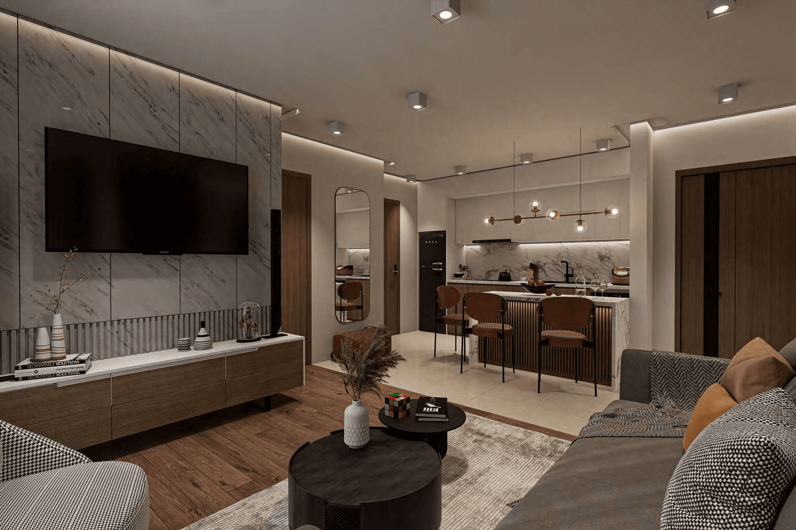 Living area with open kitchen