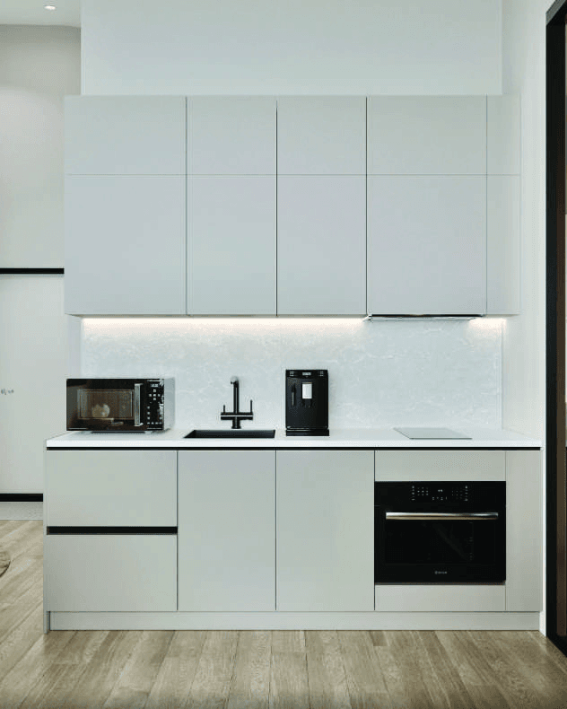 Kitchen visualisation with light cabinetry, a sink, hob, oven and countertop appliances.