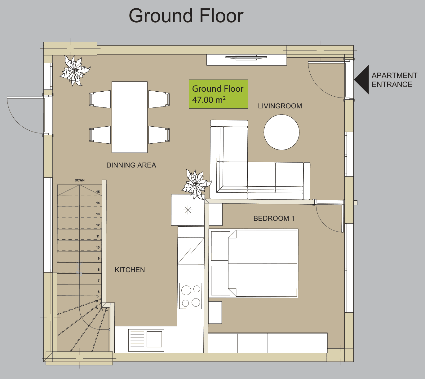 Ground-floor plan showing a 47 m² area label, living and dining areas, a kitchen, one bedroom and an internal stair.