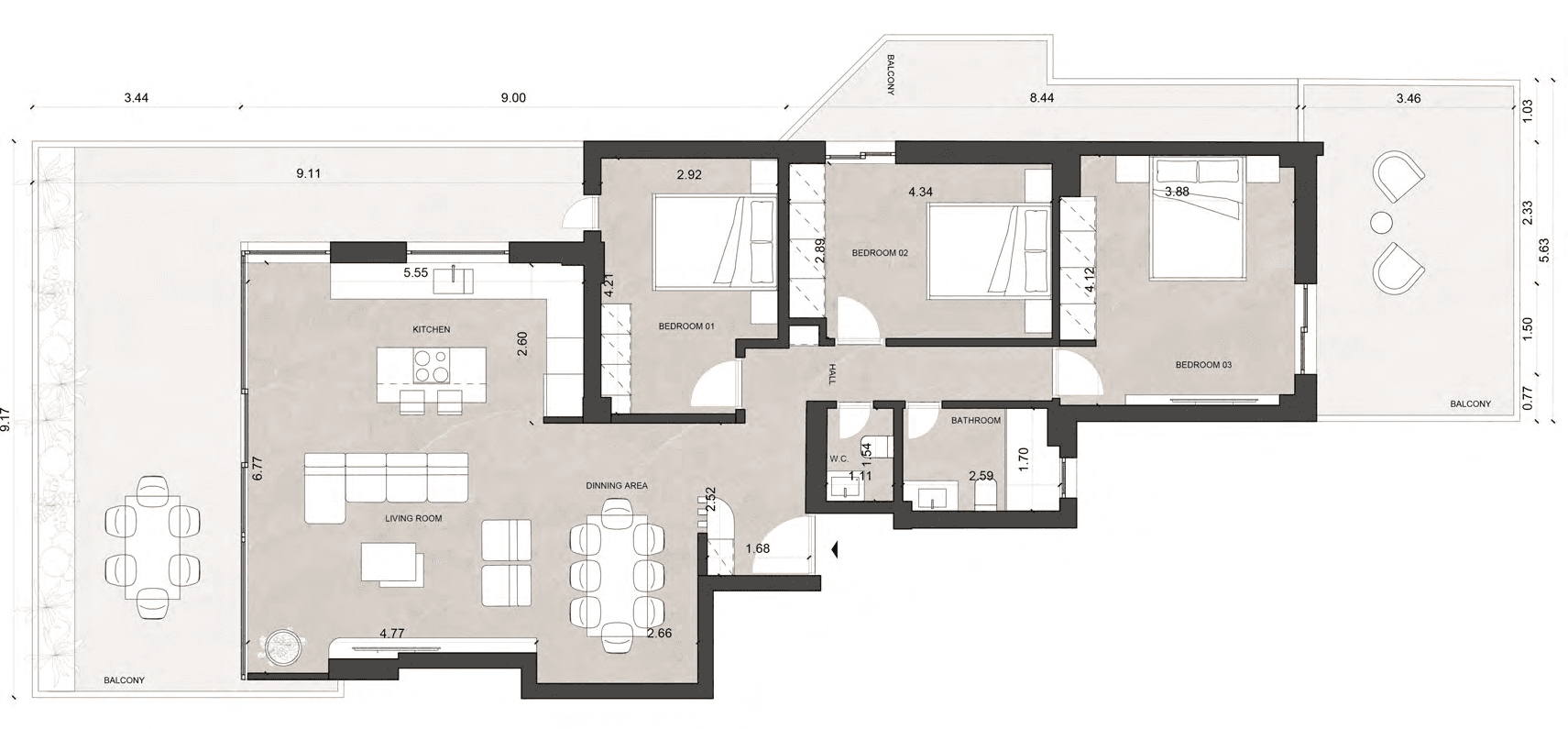 First-floor plan showing three bedrooms, living room, dining area, kitchen, bathroom, separate WC and balconies.