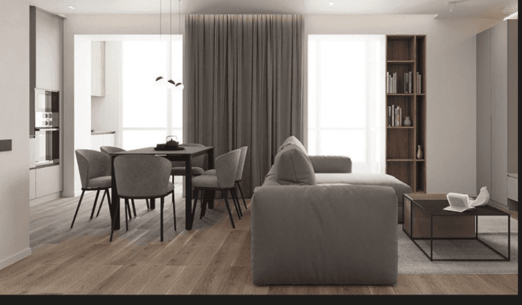 Living-room rendering showing lounge and dining areas