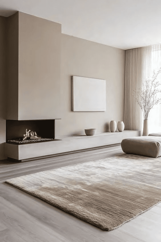 Living-room visualisation with a fireplace, light tones and a large rug.