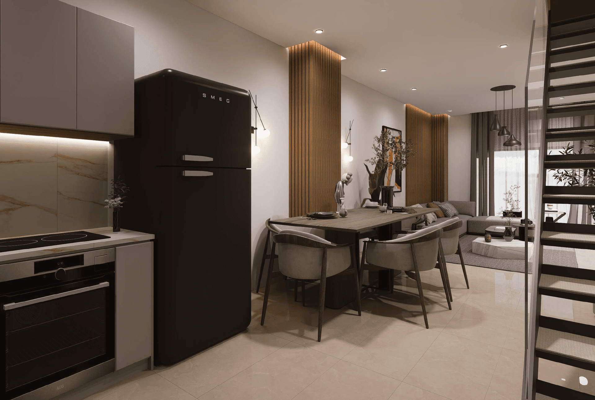 Interior design of the kitchen and dining area.