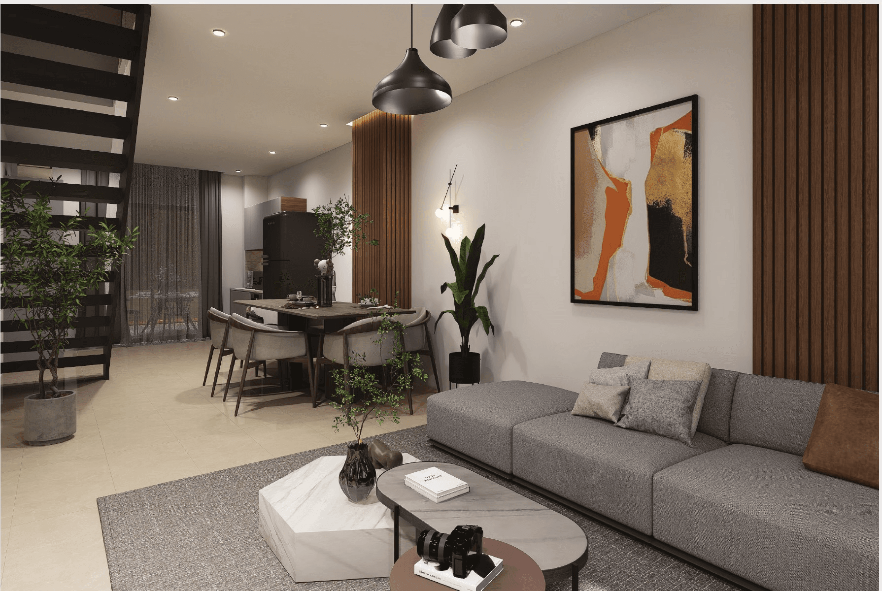 Açık plan salon, mutfak ve yemek alanı
