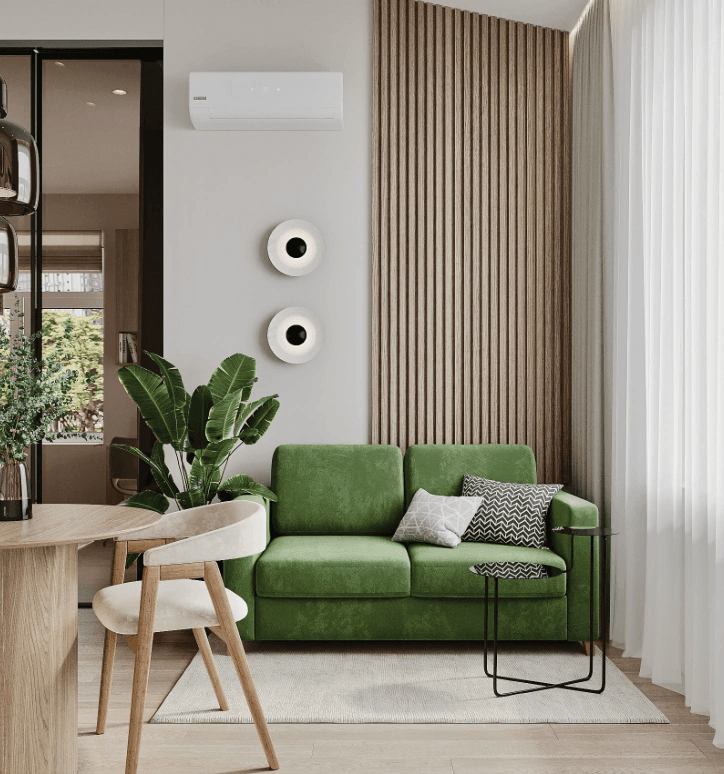 Living-area design image with a green sofa, a wood-slat wall, light curtains and a wall-mounted air-conditioning unit.