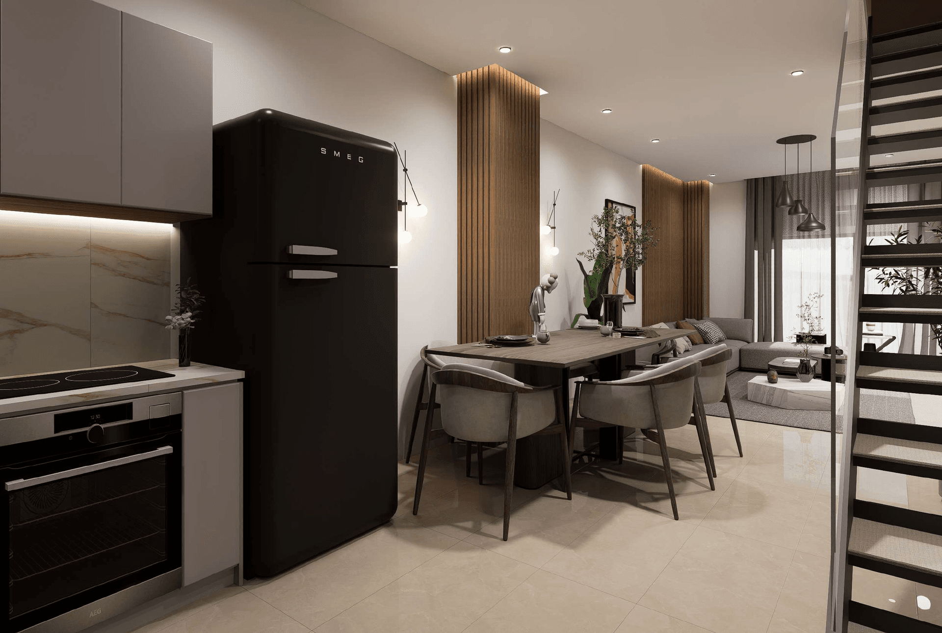 Living area with a black refrigerator, kitchen counter, dining table and internal staircase. Architectural rendering.