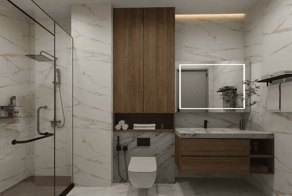 Bathroom with marble surfaces and a wooden vanity.