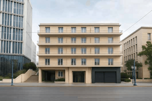 Exterior visualization showing the building facade from the avenue.