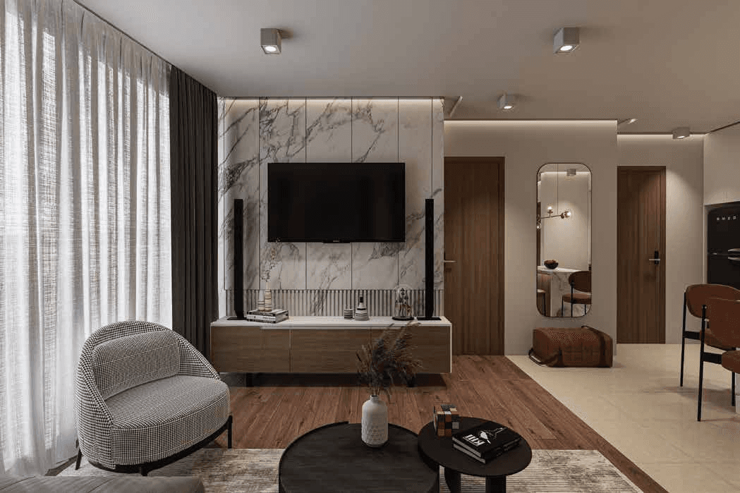 Living-area visualization showing the window, TV wall and seating zone.