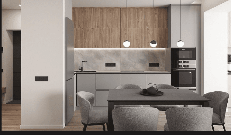 Kitchen rendering with wood and light-toned cabinetry
